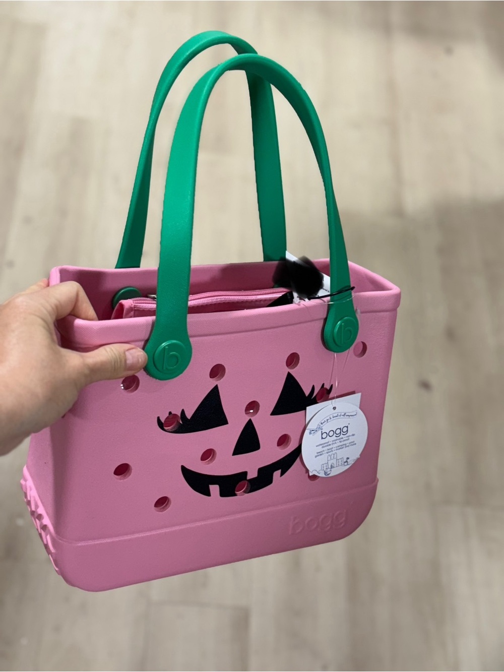Bogg Pink Halloween Jack-O'-Lantern Tote with Green Handles - Picture 2 of 2